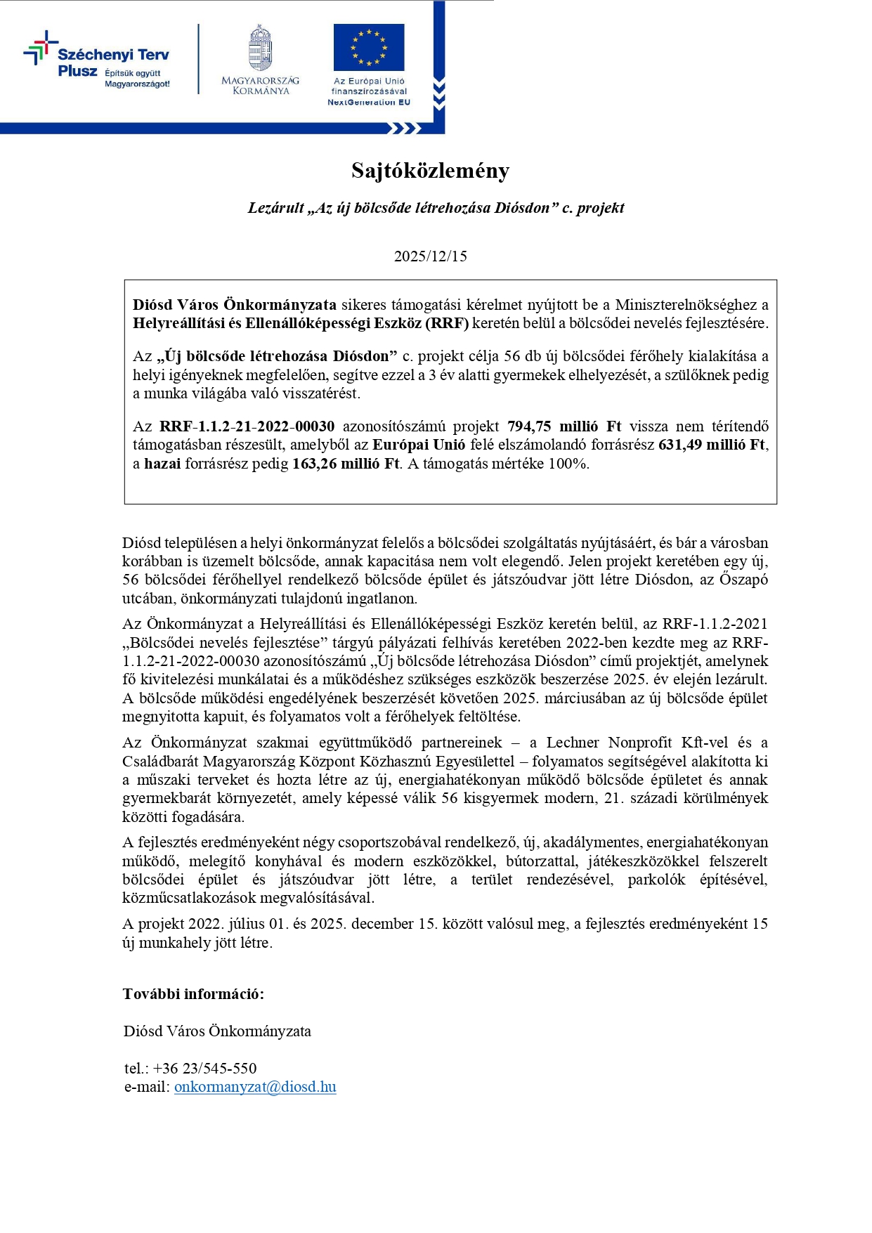 Sajtóközlemény, projektzárás