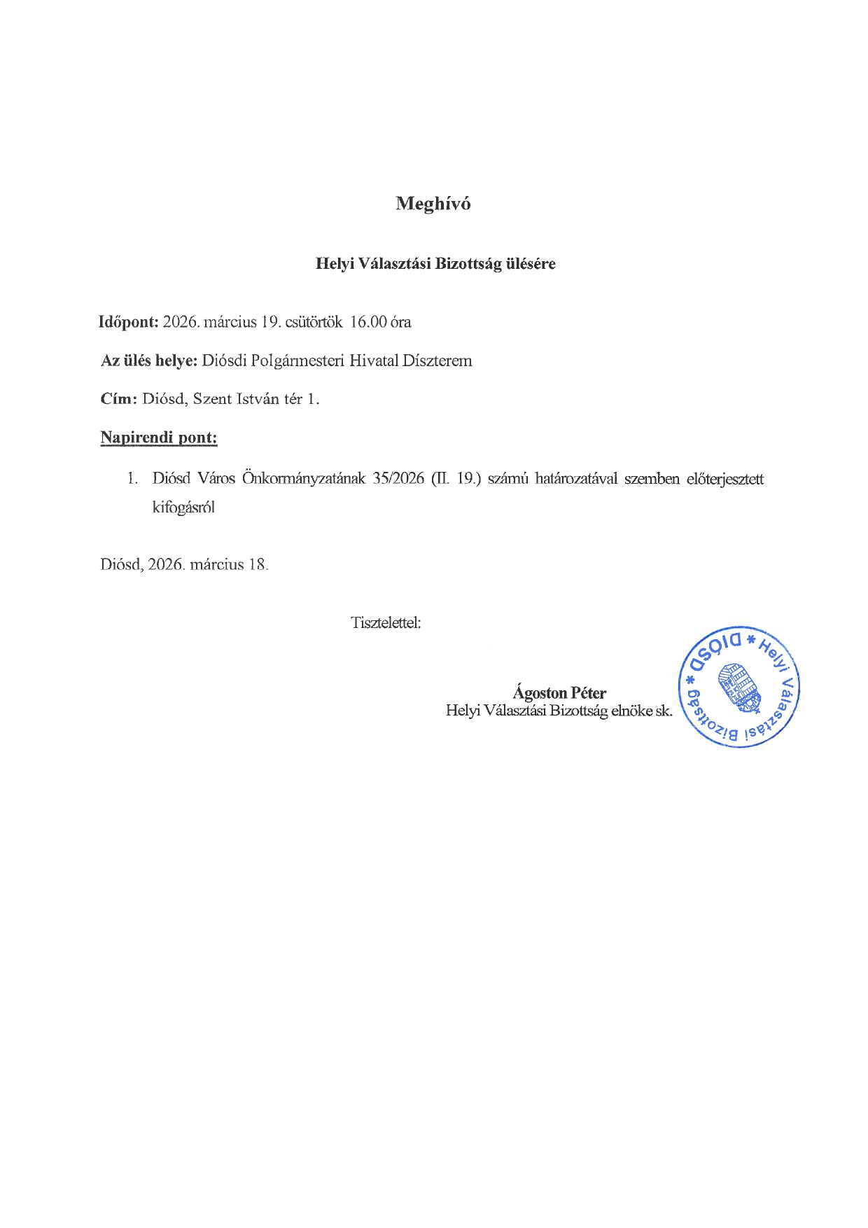 Meghívó a HVB ülésére.