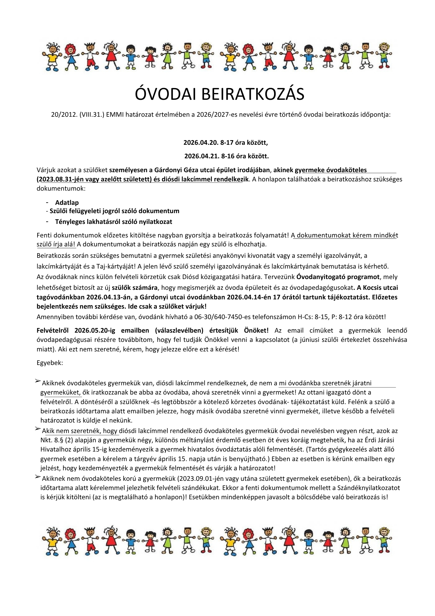 óvodai beiratkozás